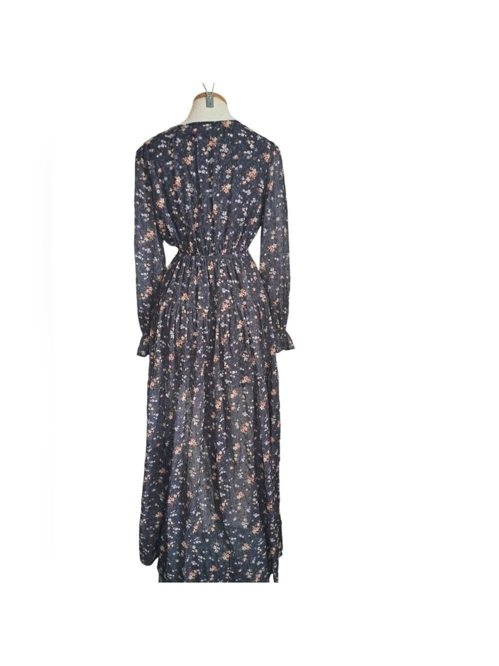 Tiny floral tiered MAXI dress long sleeves ruffle cuff button up Shabby Aakaa S - Picture 2 of 12